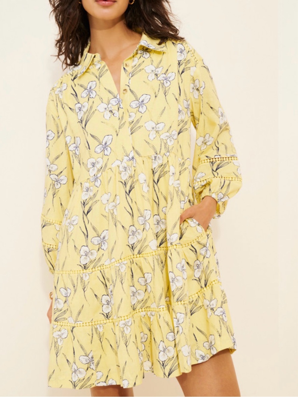 Anthropologie Maeve Bettina Mini Shirt Dress Linen Yellow Floral Size Small New
